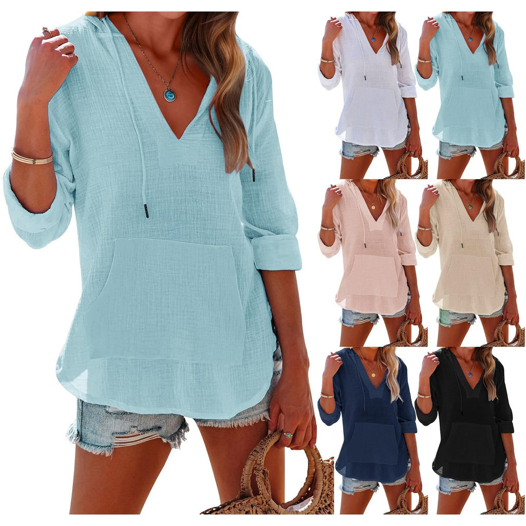 Women’s V-Neck Hooded Shirt – Casual Long Sleeve Pocket Loose Top