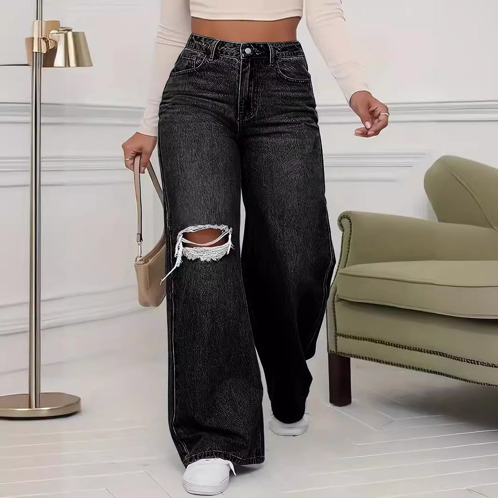 Women’s High-Waist Ripped Wide-Leg Jeans – Street Style Denim