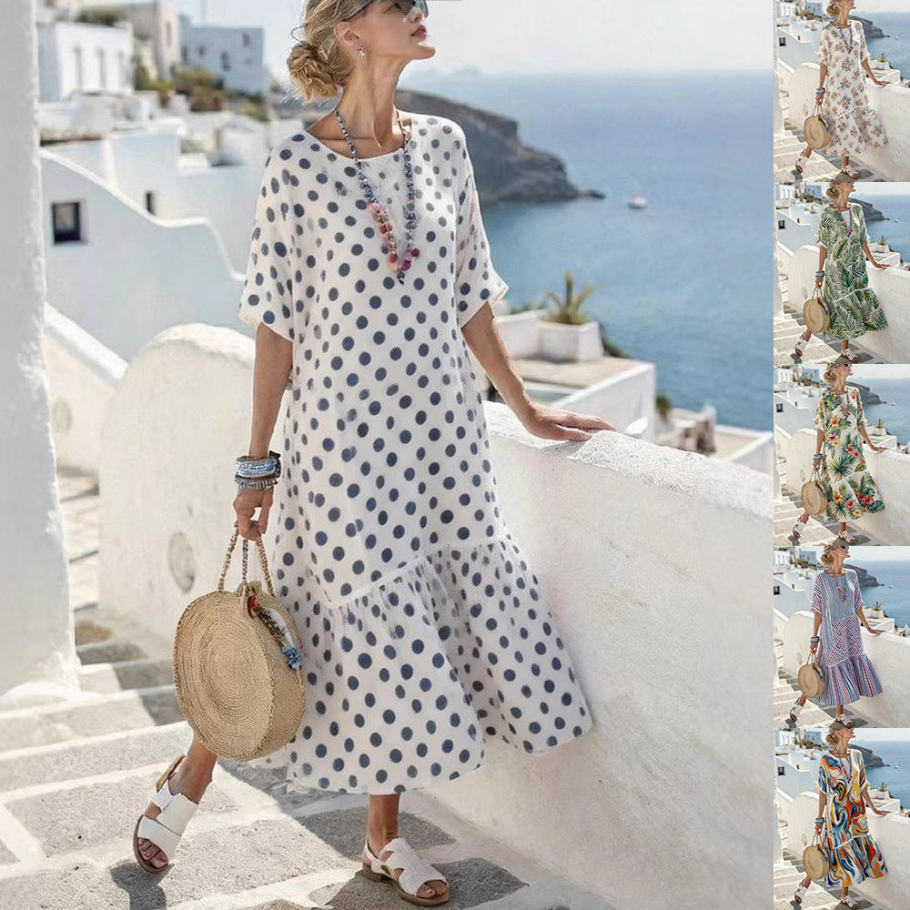 Women’s Digital Print Maxi Dress – Elegant Pleated Flared Casual Dress
