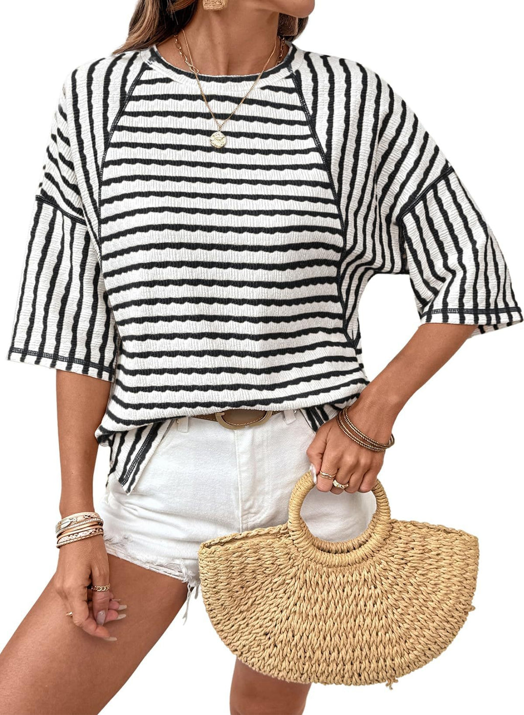 Women’s Striped Crew-Neck Loose Fit Three-Quarter Sleeve T-Shirt