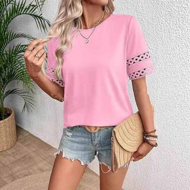 Women’s Round-Neck Hollow Short Sleeve Polyester T-Shirt