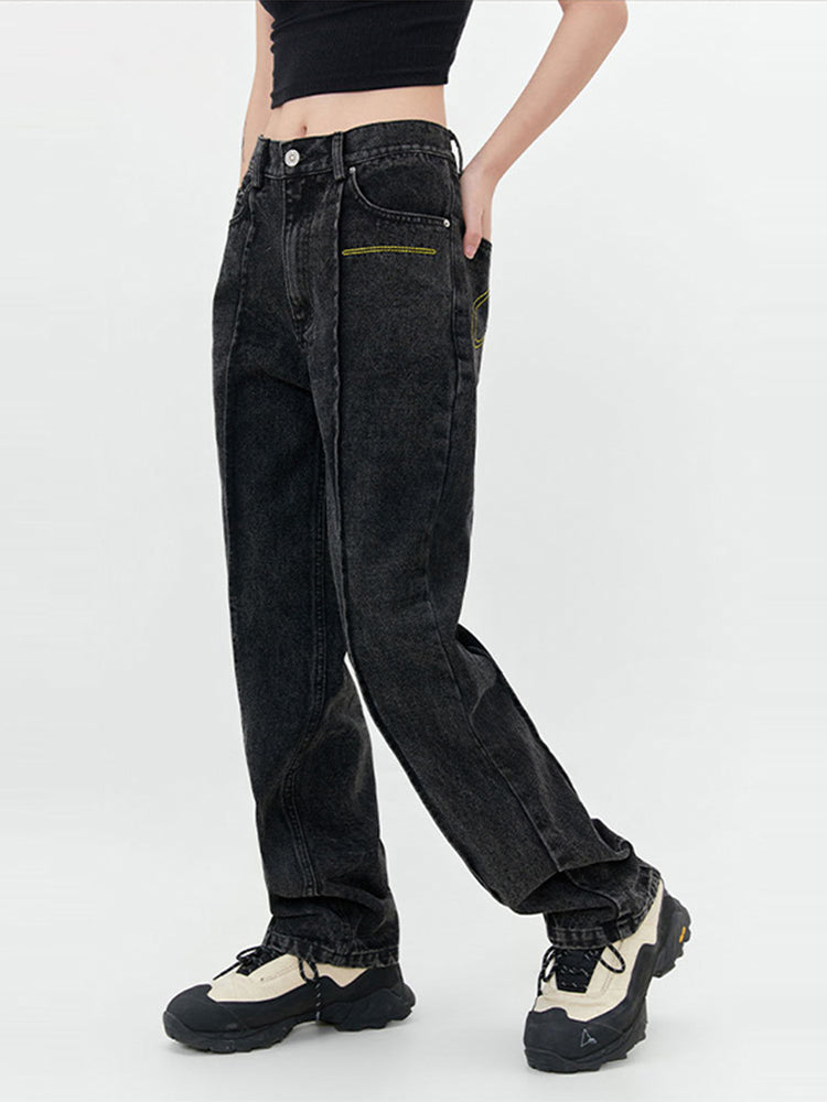 Women’s Deconstructed Straight Jeans – Cotton Denim Zipper Fly Casual Pants