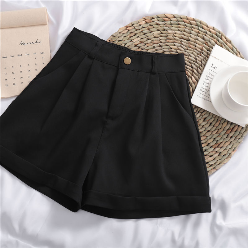 Women’s Solid Color High-Waist Wide-Leg Shorts – Casual Korean Style Roll-Up Design