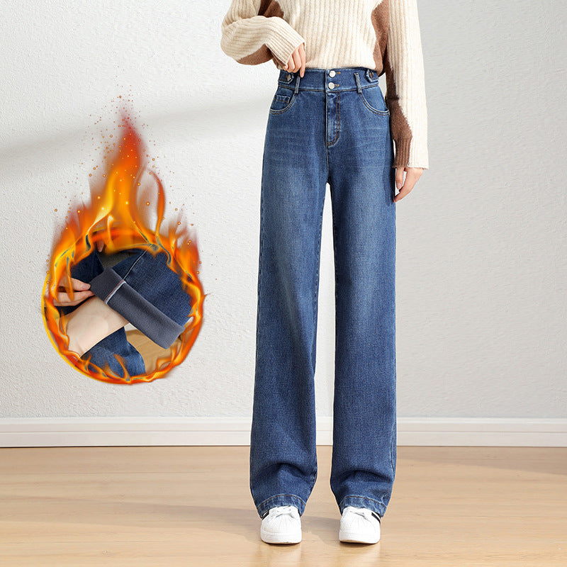 Women’s High Waist Straight Wide Leg Jeans – Stretch Slim Fit Washed Denim Pants