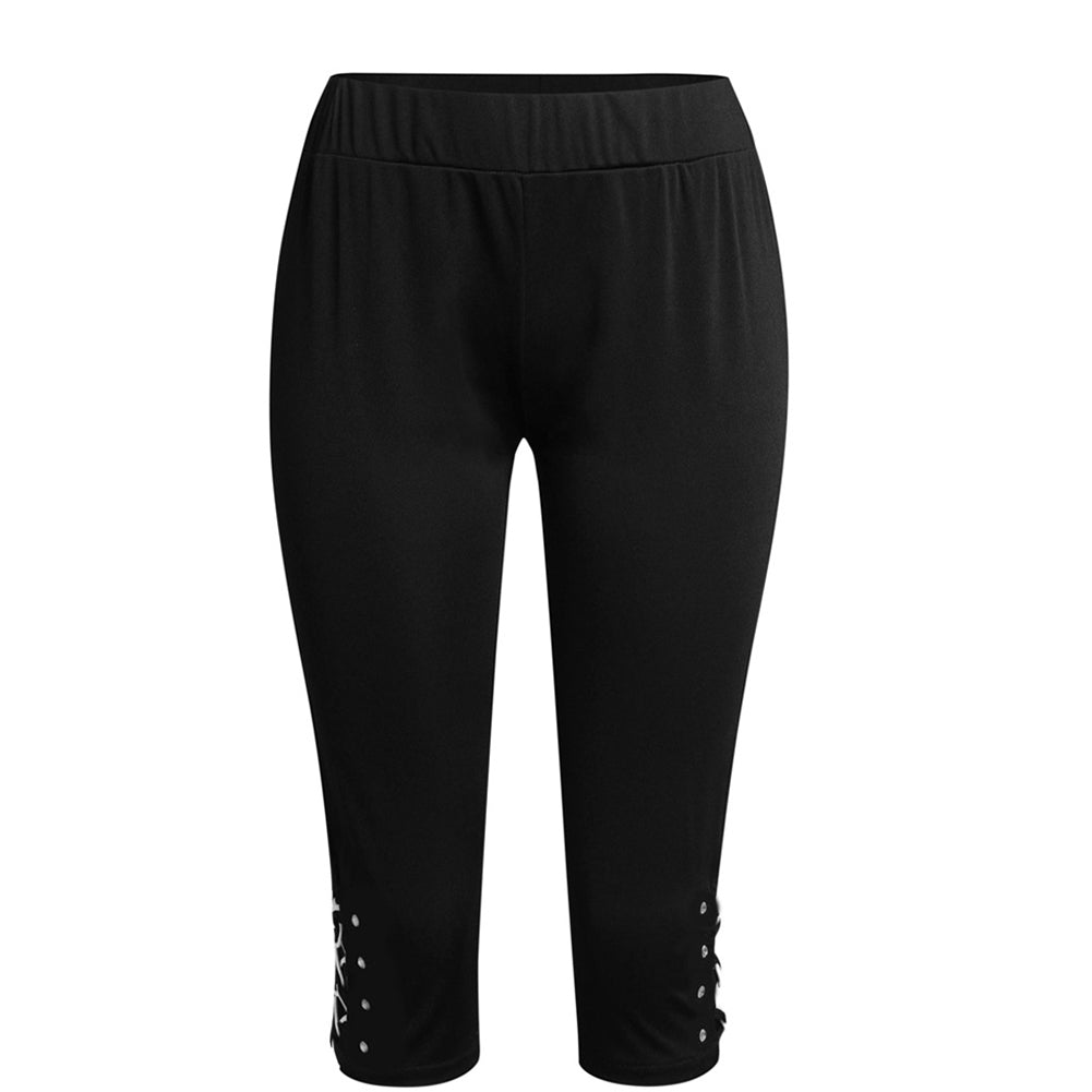 Women’s Lace-Up Beaded Leggings – Slim Fit Breathable Cotton Pants