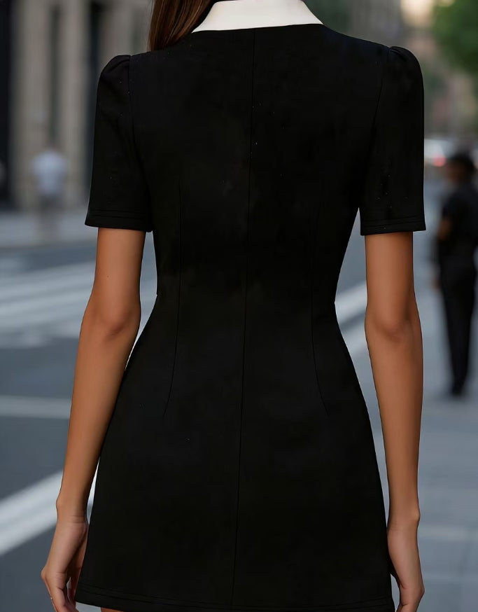 Chic A-Line Mini Dress for Women – Slim Fit Bow Detail Elegant Short Sleeve Dress