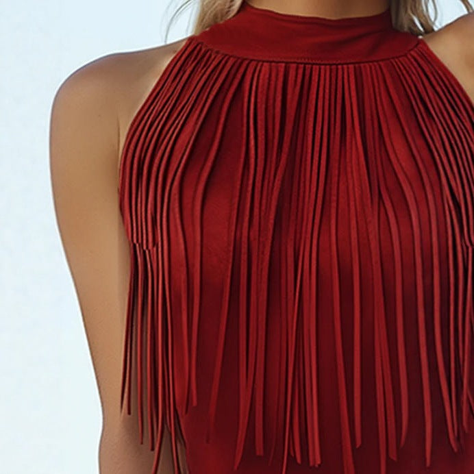 Women’s Red Tassel Halter Tank Top – Sleeveless Crop