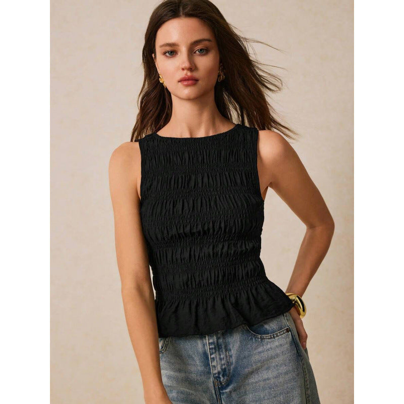 Women’s Pleated Crew Neck Tank Top – Smart Casual Style