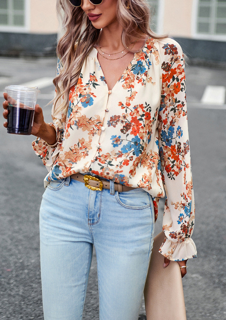 Women’s Floral V-Neck Chiffon Blouse – Casual Elegant Long Sleeve Loose Top