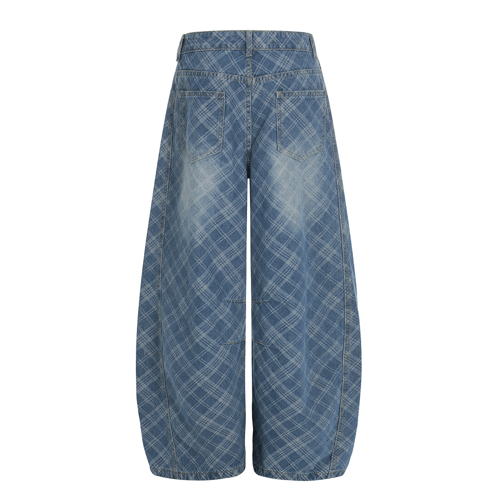 Vintage Plaid Wide-Leg Pants – Mid-Rise Washed Cotton Trousers for Retro Street Style
