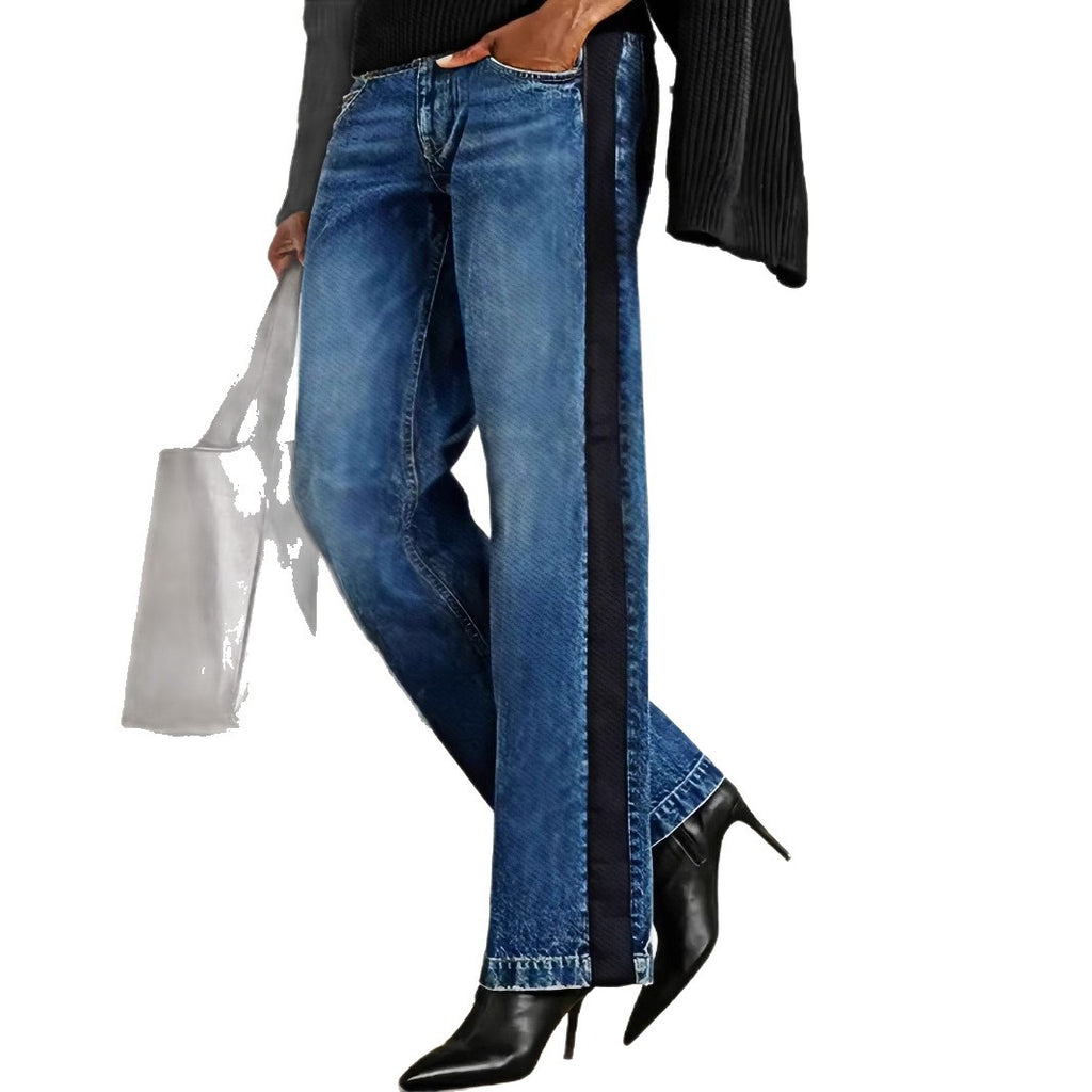 Women’s Patchwork Color Block Jeans – Straight-Leg Denim