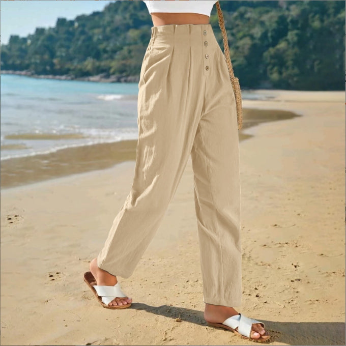 Women’s High Waist Cotton Linen Trousers – Casual Straight Leg Pants