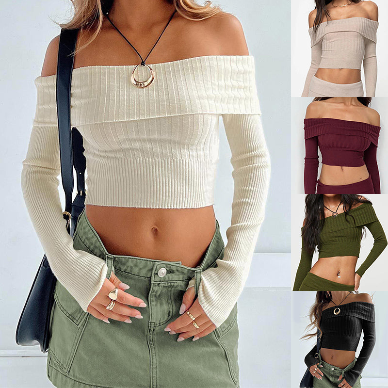 Women’s Boat Neck Knit Crop Sweater – Long Sleeve Fitted Top
