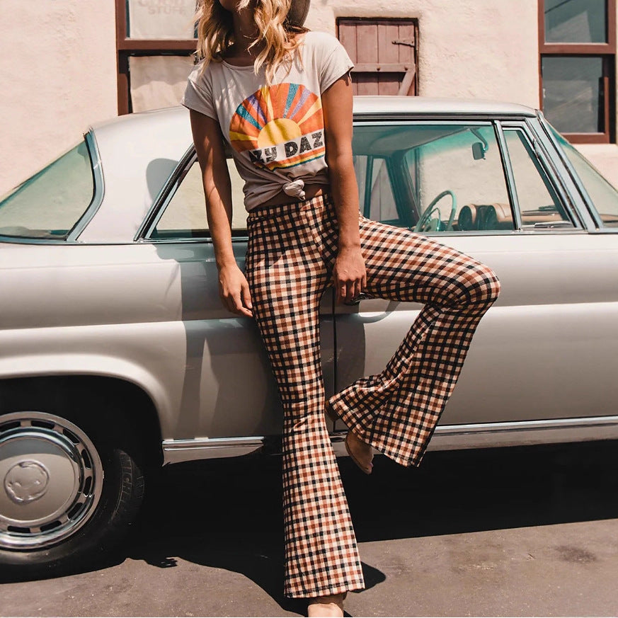 Womens Flare Pants High-Waisted Slim-Fit Trousers Printed Wide-Leg Pants