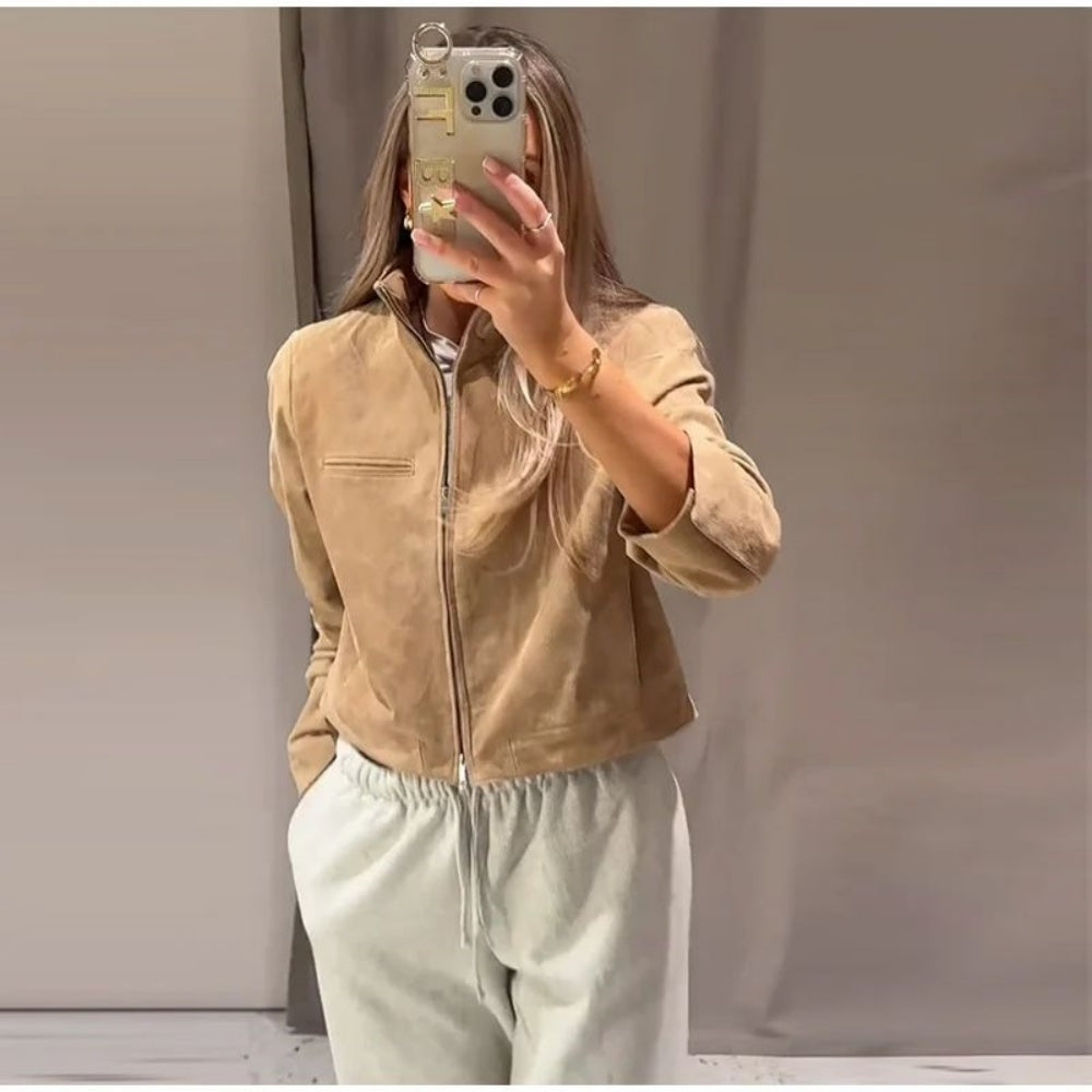 Women’s Cropped Suede Jacket – Brown Zip Up Stand Collar Spring Coat