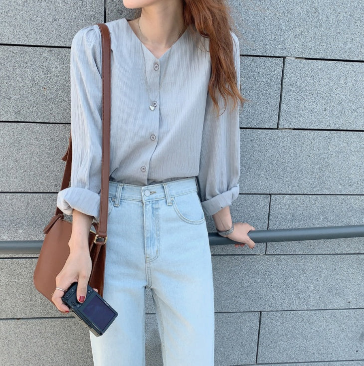 Women’s Sweet Mori Girl Cotton Shirt – V-Neck Casual Top