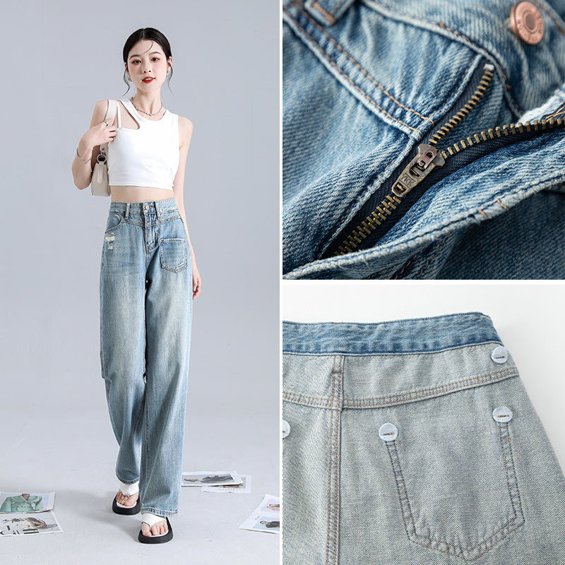 Women’s Irregular Straight Jeans – High Waist Blue Cotton Denim Fashion Pants