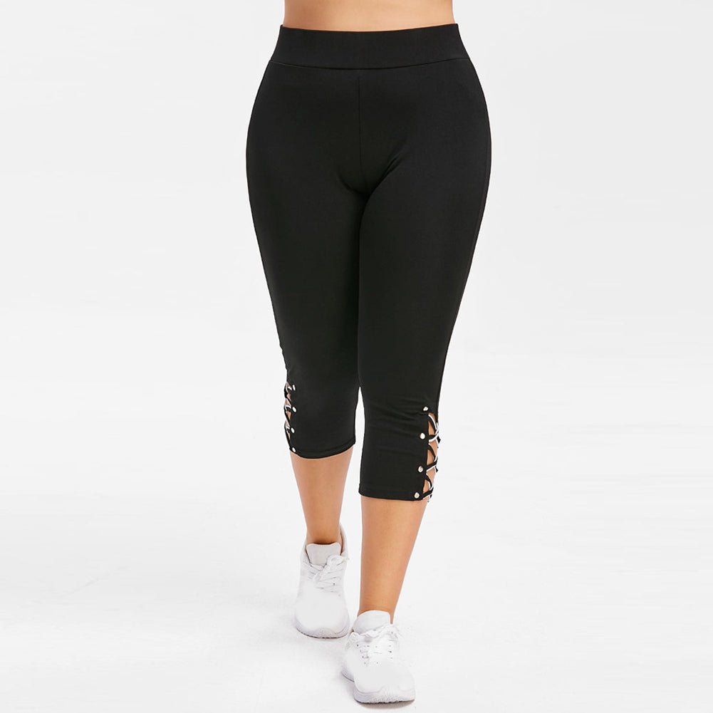 Women’s Lace-Up Beaded Leggings – Slim Fit Breathable Cotton Pants