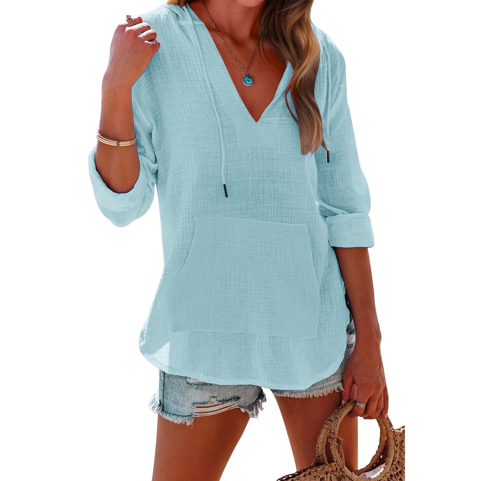 Women’s V-Neck Hooded Shirt – Casual Long Sleeve Pocket Loose Top
