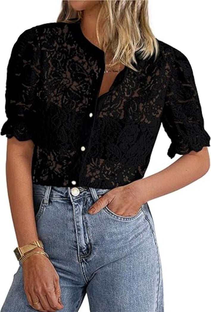Women’s Elegant Lace Cardigan Shirt – Solid Color