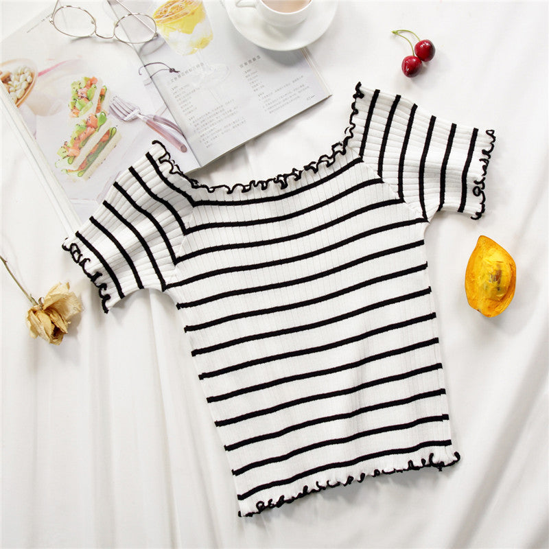 Women’s Off Shoulder Striped Knit Top – Slim Fit Flounce Hem T-Shirt