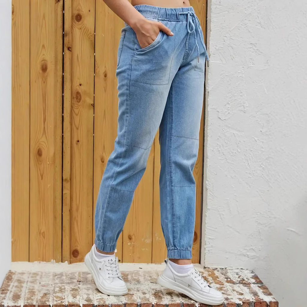 Women’s Elastic Waist Skinny Jeans – Light Blue High Stretch Casual Denim Pants