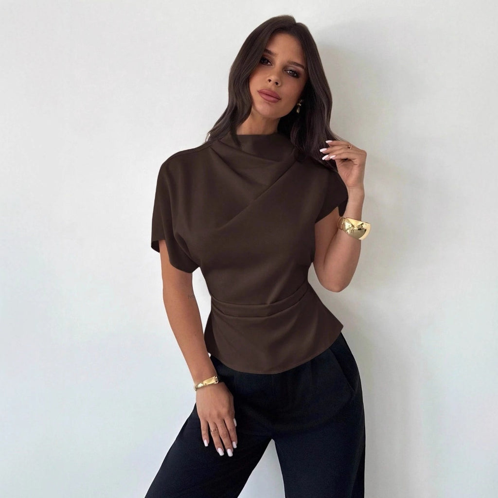 Women’s Asymmetrical Blouse – Slim Fit Pleated Short Sleeve Top