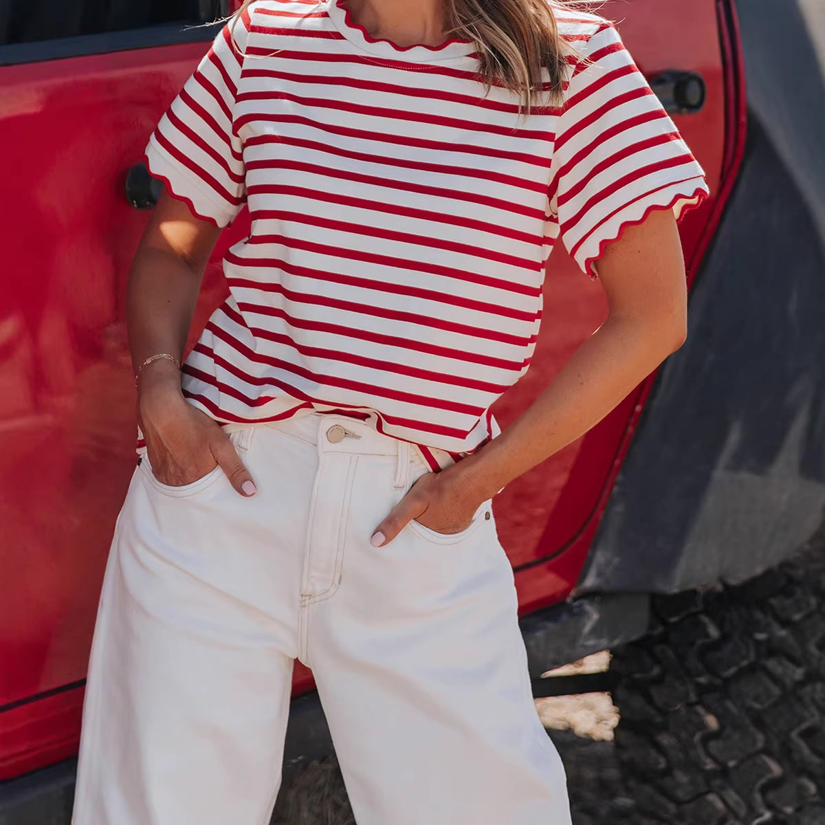 Women’s Trendy Striped Ruffled Hem Cotton T-Shirt