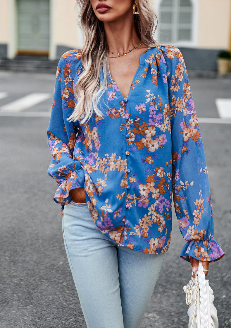 Women’s Floral V-Neck Chiffon Blouse – Casual Elegant Long Sleeve Loose Top