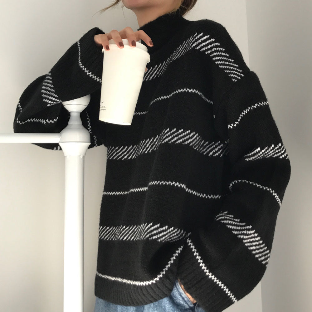 Women’s Striped Turtleneck Sweater – Soft Knit Casual Winter Pullover