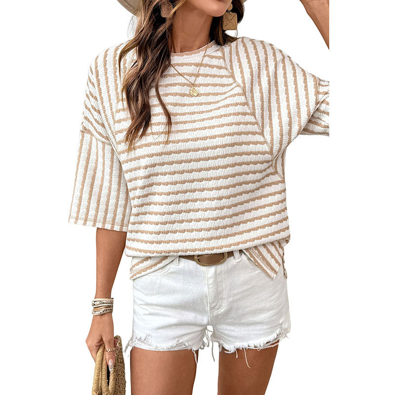 Women’s Striped Crew-Neck Loose Fit Three-Quarter Sleeve T-Shirt