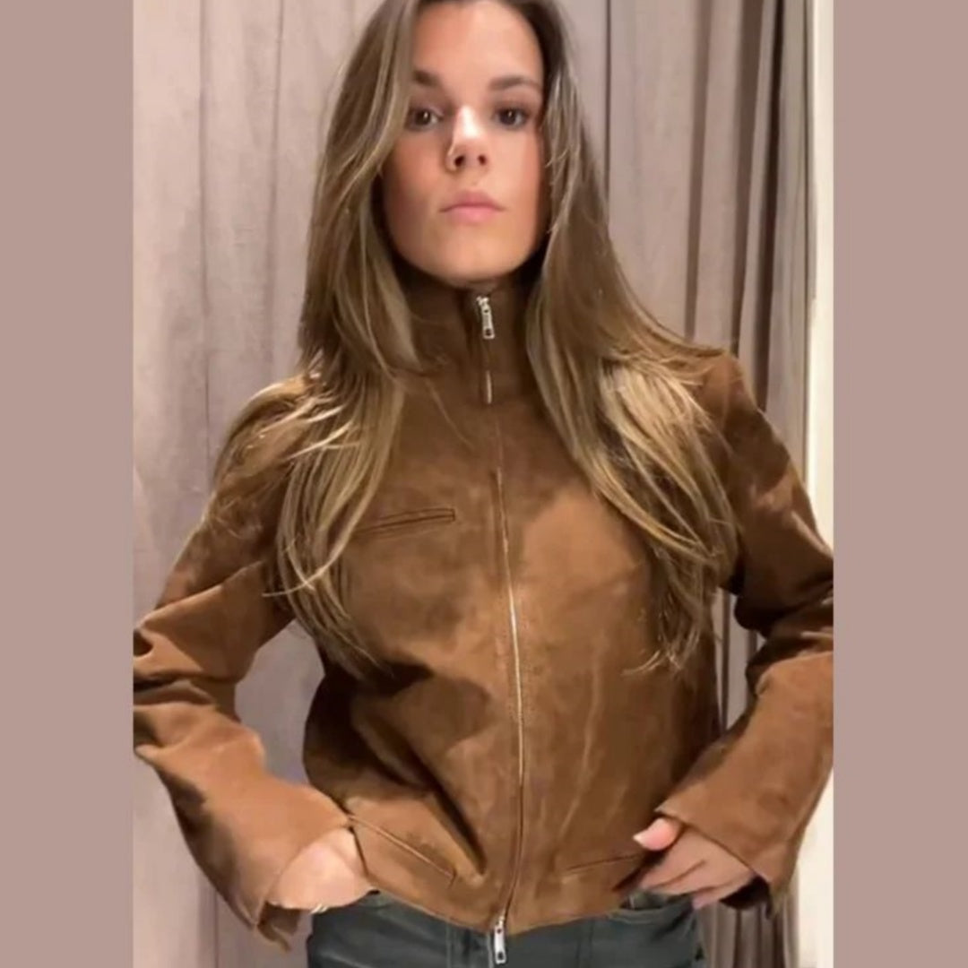 Women’s Cropped Suede Jacket – Brown Zip Up Stand Collar Spring Coat
