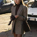 Women’s Plaid Blazer – Elegant Coffee Brown Loose Fit Commuter Jacket with Buttons