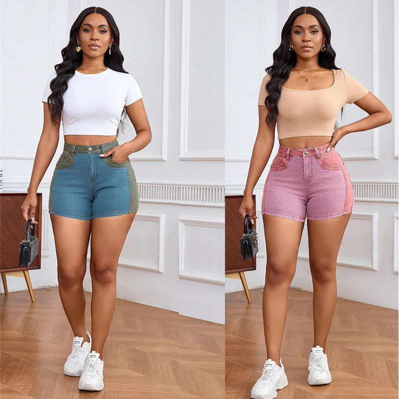 Women’s Patchwork Denim Shorts – High Stretch Washed Casual Style
