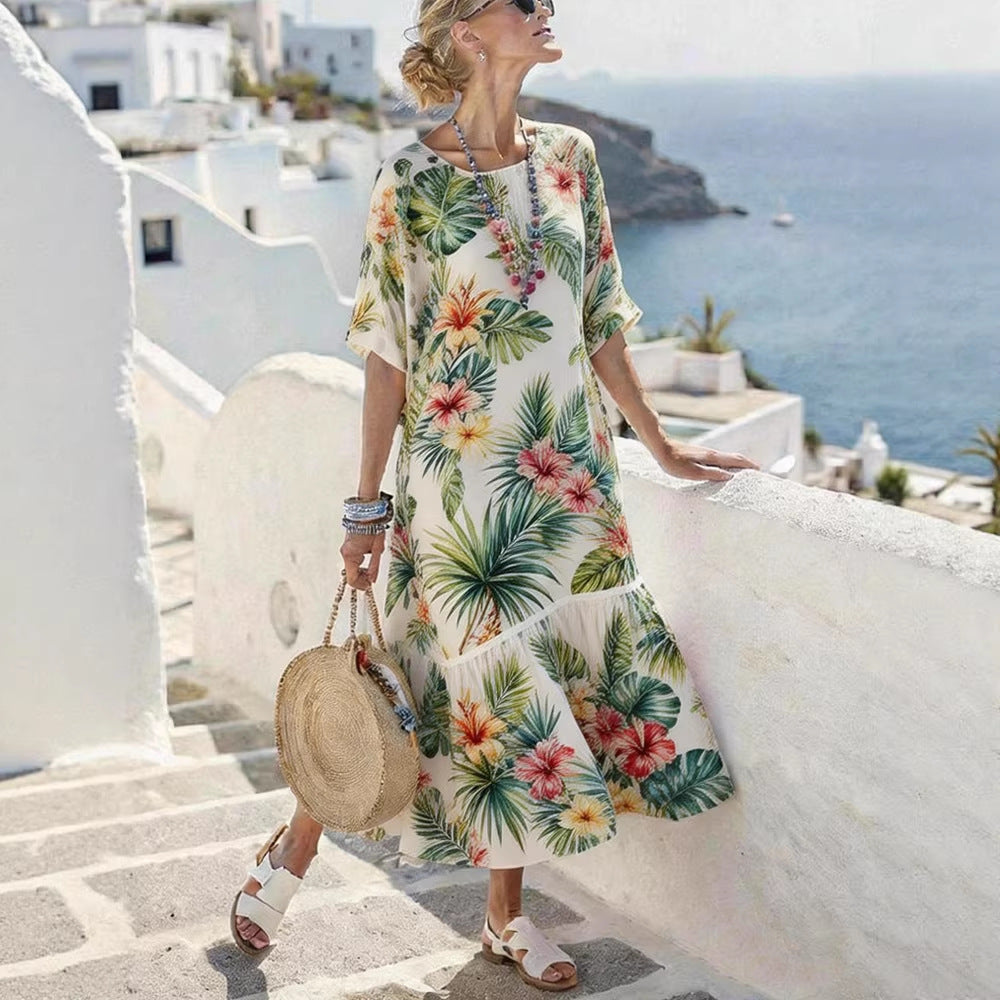 Women’s Digital Print Maxi Dress – Elegant Pleated Flared Casual Dress