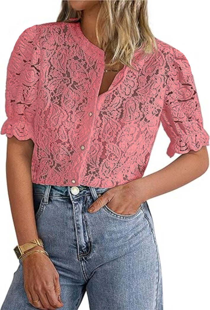 Women’s Elegant Lace Cardigan Shirt – Solid Color