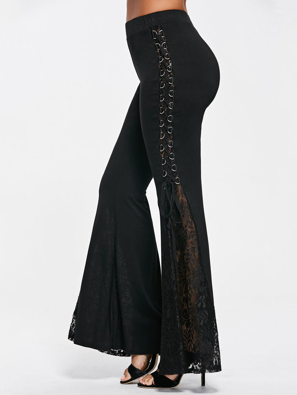 Women’s Black Flared Pants with Lace Detail – Elegant High-Waist Trousers for Chic Outfits