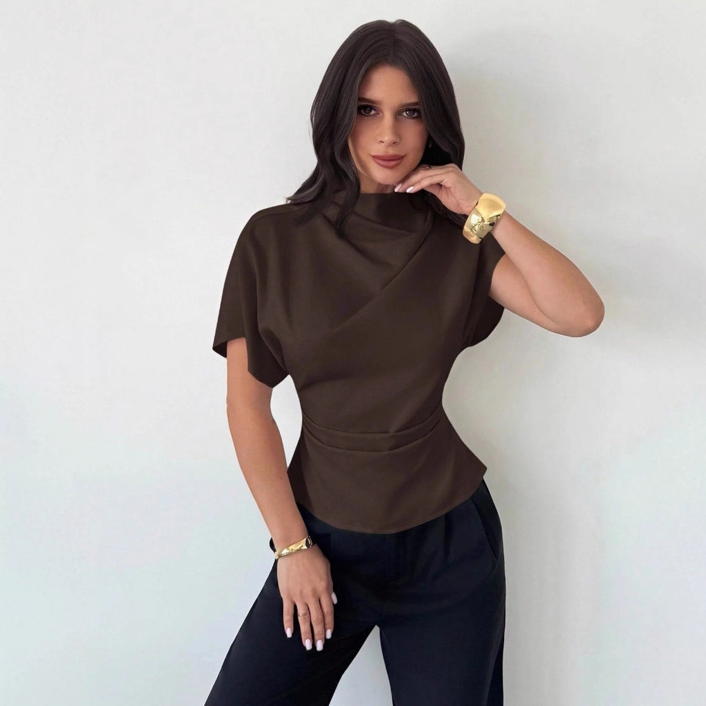 Women’s Asymmetrical Blouse – Slim Fit Pleated Short Sleeve Top