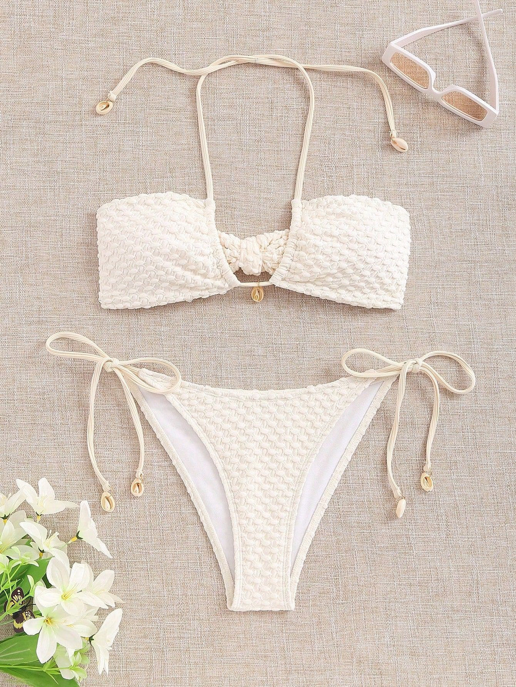 Women’s Shell Design Bikini Set – Minimalist Beige Swimwear