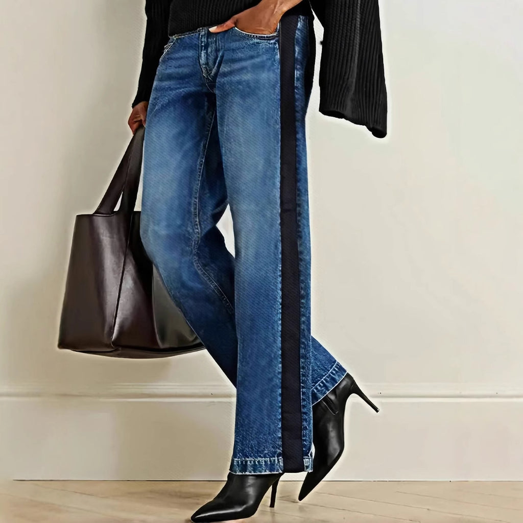 Women’s Patchwork Color Block Jeans – Straight-Leg Denim