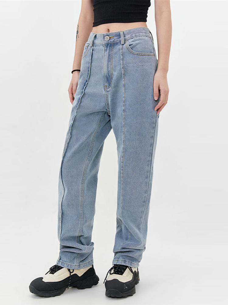 Women’s Deconstructed Straight Jeans – Cotton Denim Zipper Fly Casual Pants