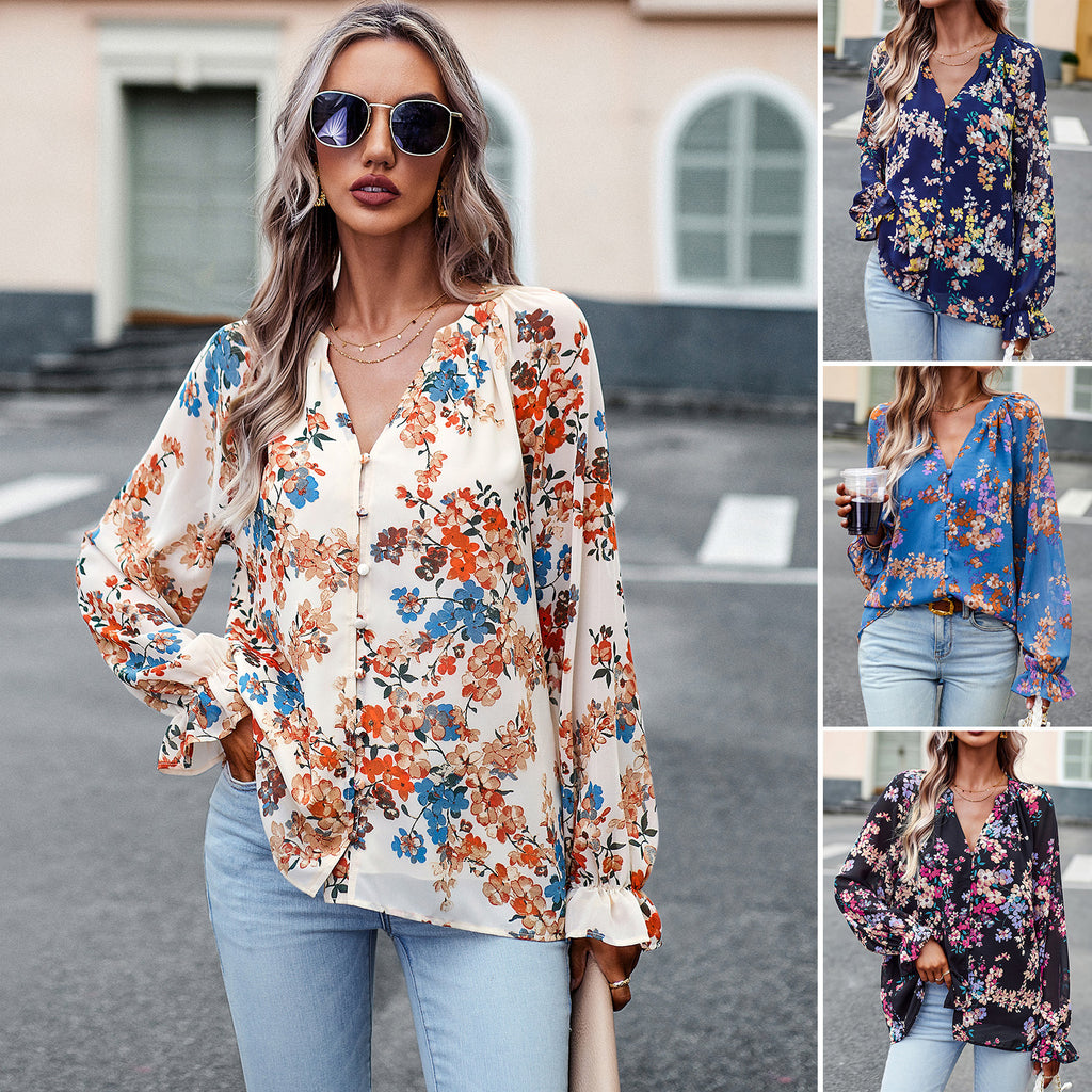 Women’s Floral V-Neck Chiffon Blouse – Casual Elegant Long Sleeve Loose Top