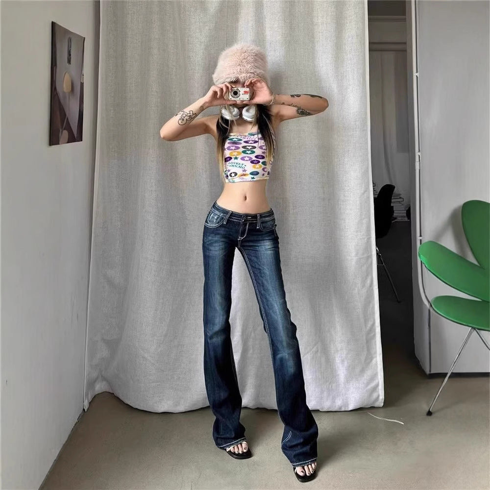 Women’s Patchwork Retro Jeans – Blue Washed Low Waist Denim Pants Casual Style