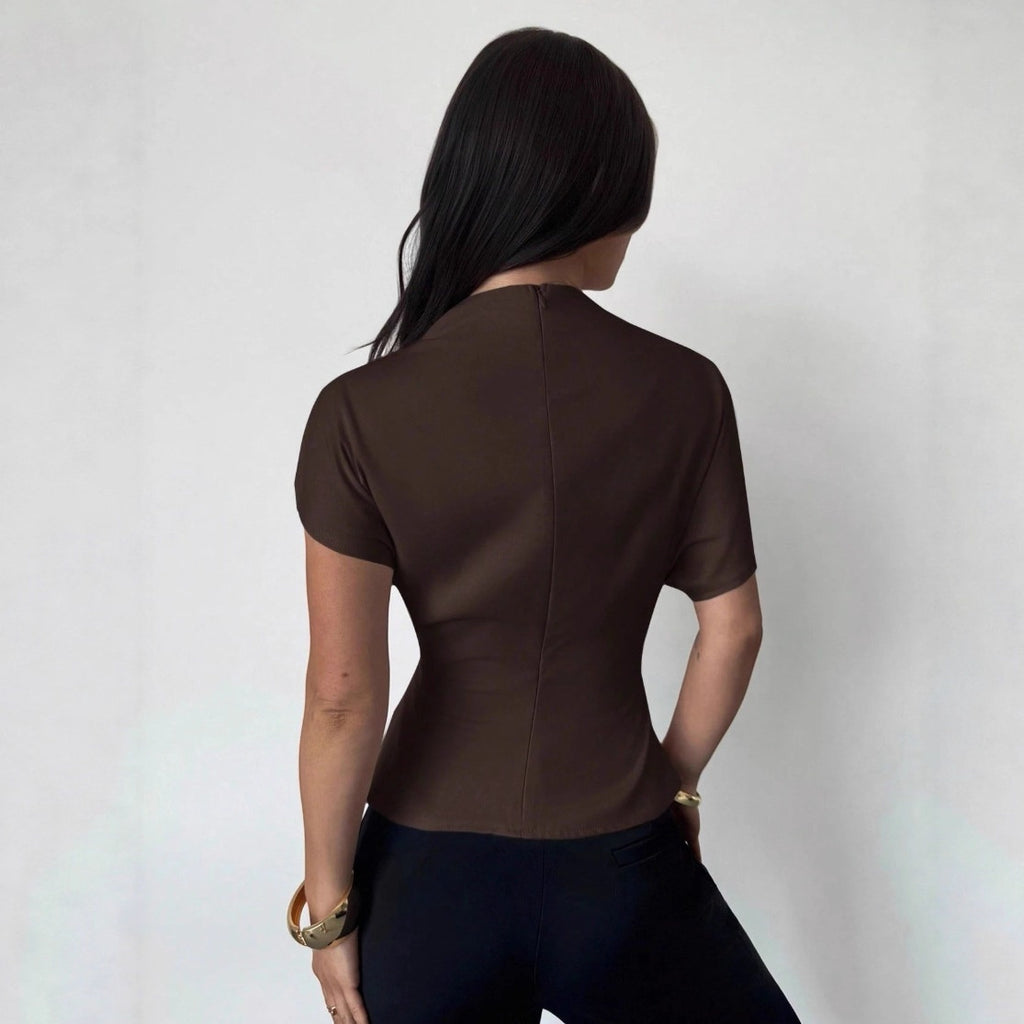 Women’s Asymmetrical Blouse – Slim Fit Pleated Short Sleeve Top
