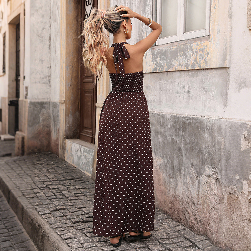Polka Dot Halter Neck Maxi Dress – Women’s Slim Fit Summer A-Line Dress