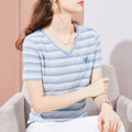 Striped Butterfly Embroidered Women's T-Shirt – Round Neck Short Sleeve Tee