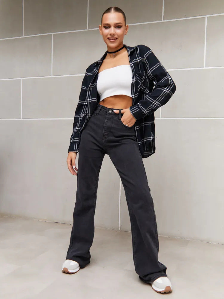 Women’s Black Flared Denim Pants – High Waist Stretch Bootcut Jeans for Autumn Casual & Office Wear