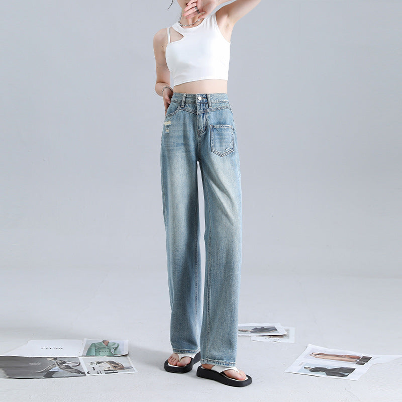 Women’s Irregular Straight Jeans – High Waist Blue Cotton Denim Fashion Pants