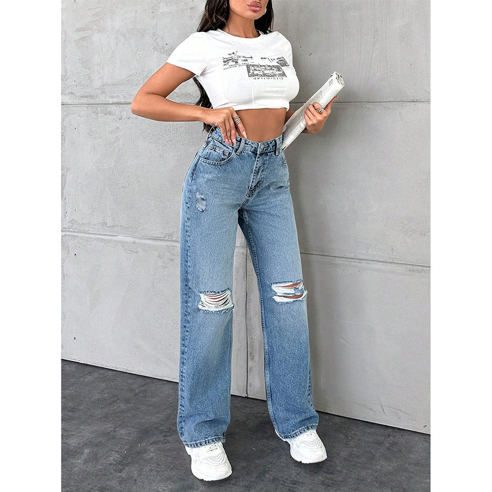 Women’s High-Waist Straight Leg Jeans – Relaxed Fit Washed Denim Pants