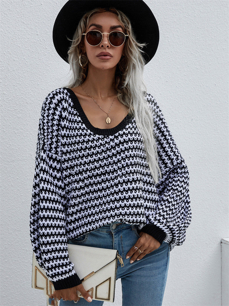 Women’s Striped V-Neck Sweater – Knitted Long Sleeve Casual Pullover